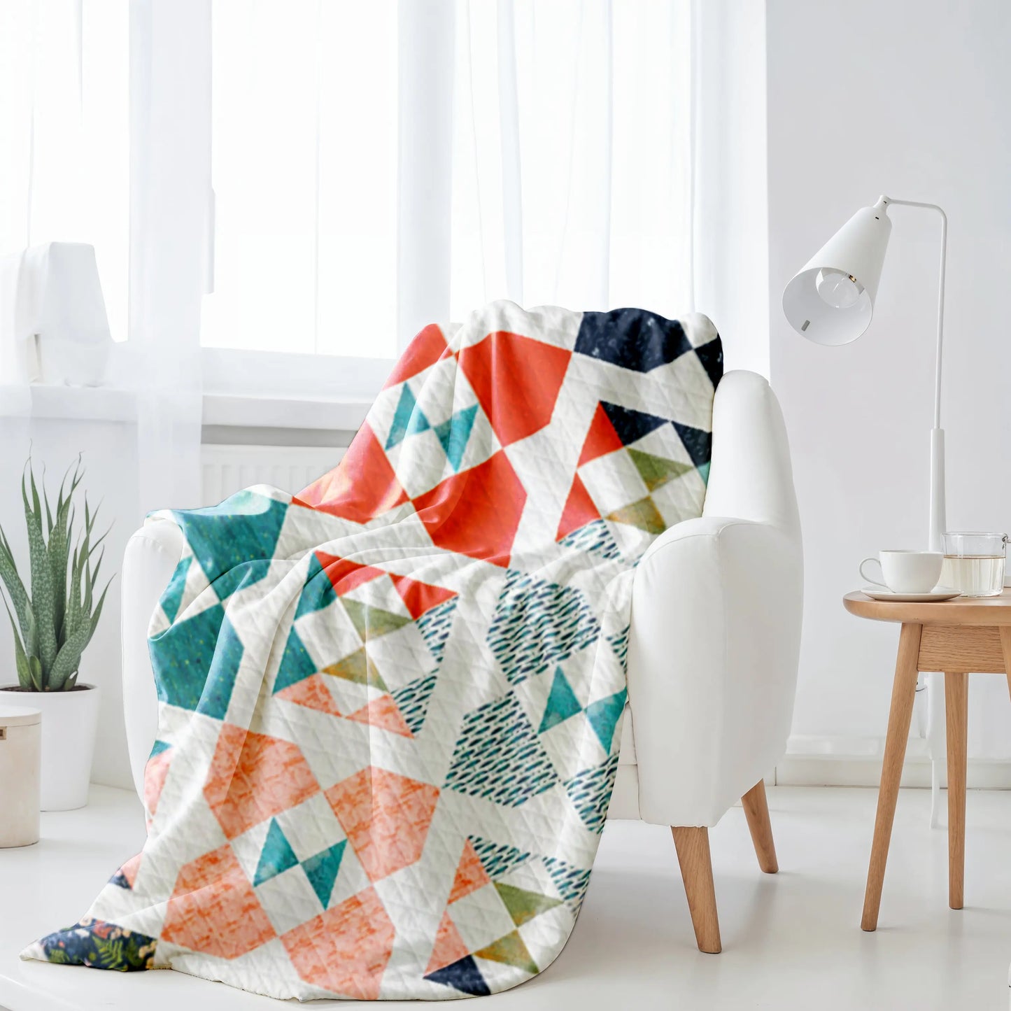 Bright and eye-catching quilt with a combination of geometric squares and triangles, perfect for adding a pop of color to any space.